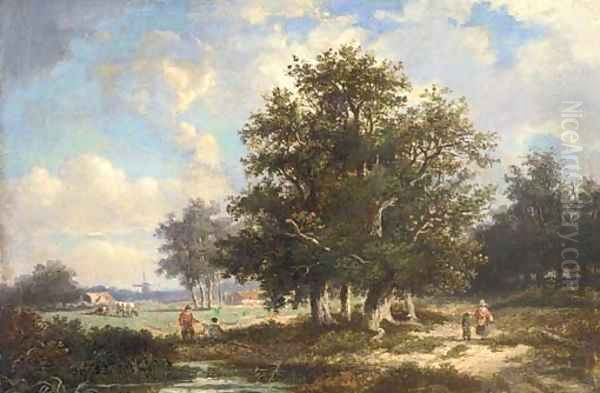 Figures in a wooded landscape with cattle grazing, a windmill beyond Oil Painting by Dutch School