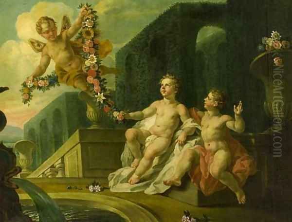 Putti desporting by a fountain in a classical garden Oil Painting by Dutch School