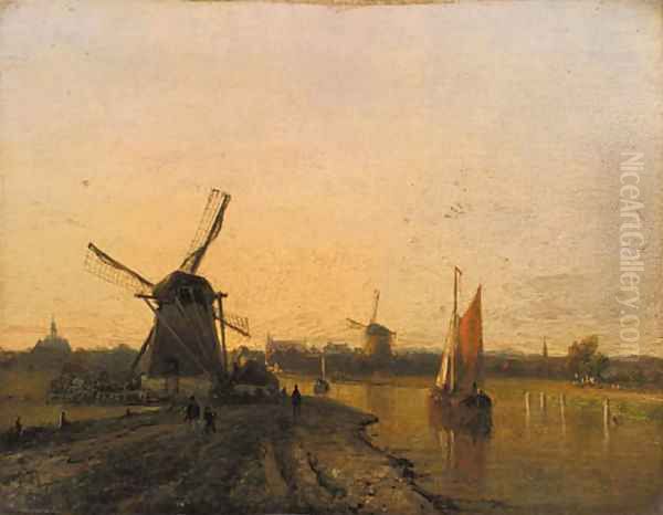 Windmills in a riverlandscape at dusk Oil Painting by Dutch School