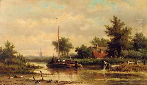 A barge travelling downstream Oil Painting by Dutch School