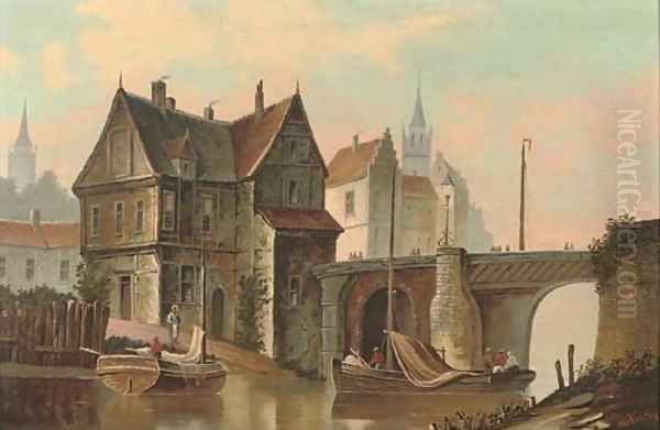 A Dutch canal side town with figures boating Oil Painting by Dutch School