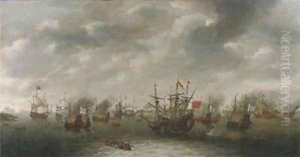 A naval battle, possibly the Battle of Leghorn Oil Painting by Dutch School