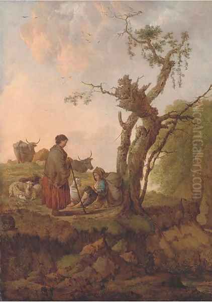 A river landscape with a shepherd and shepherdess and their flock resting by a tree Oil Painting by Dutch School