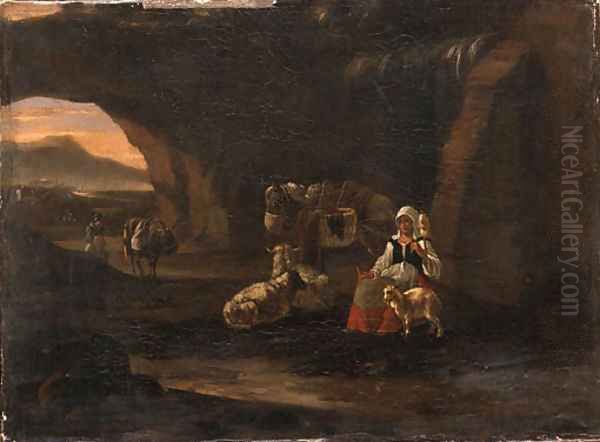 A Shepherdess seated in a Grotto Oil Painting by Dutch School