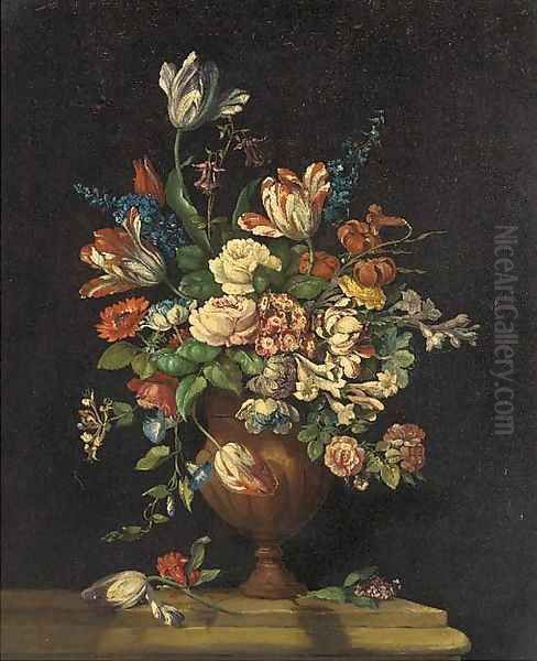 A still life of tulips, roses, freesias, honeysuckle, lilac and other summer flowers in an urn on a ledge Oil Painting by Dutch School