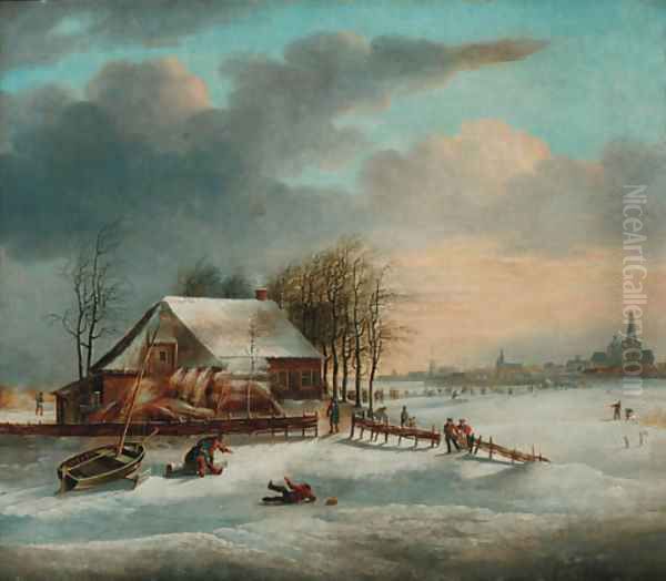 A winter landscape with figures skating on a frozen lake Oil Painting by Dutch School