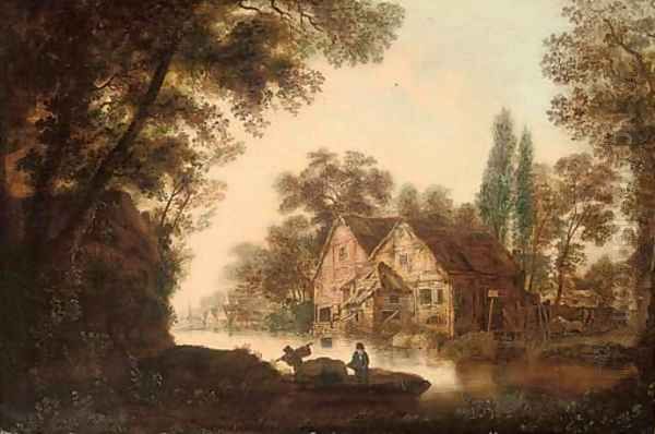 A wooded river landscape with figures on a boat, cottages beyond Oil Painting by Dutch School