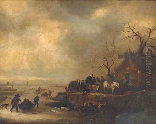 Figures on a frozen lake, with an inn on the bank Oil Painting by Dutch School