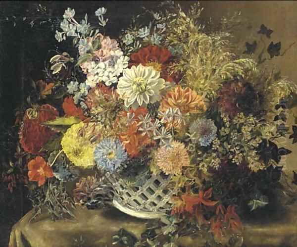 Flowers in a porcelain basket Oil Painting by Dutch School