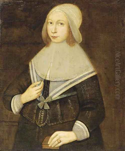 Portrait of a lady, half-length, a ring in her right hand and a book in her left hand Oil Painting by Dutch School