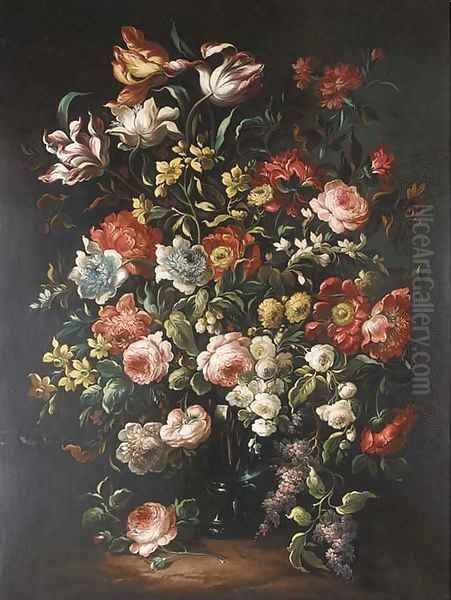 Tulips, roses, fritillaria, narcissae, lilac and other summer flowers in a glass vase Oil Painting by Dutch School