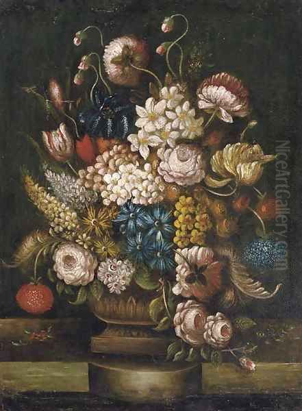 Tulips, roses, lilac, peonies and other flowers in an urn, standing on a ledge Oil Painting by Dutch School