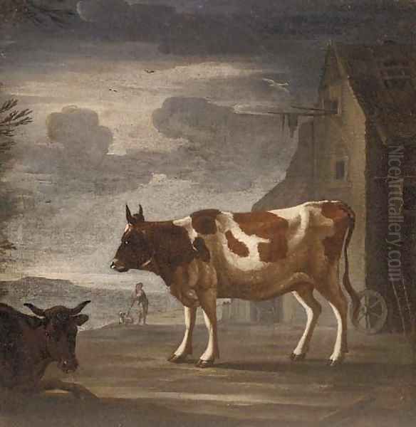 Two cows in front of a barn, a herder with a dog beyond Oil Painting by Dutch School