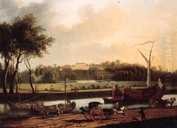 A carriage on a road by a canal, a country mansion on a hilltop beyond Oil Painting by Dutch School