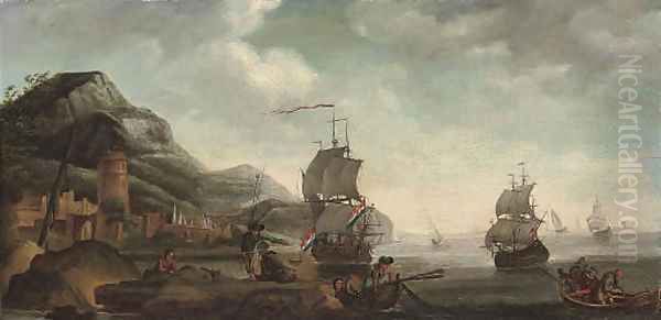 A coastal inlet with fishermen in the foreground, shipping beyond Oil Painting by Dutch School