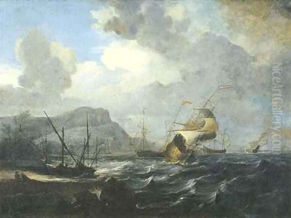 A coastal landscape with Dutch frigates in a fresh breeze Oil Painting by Dutch School