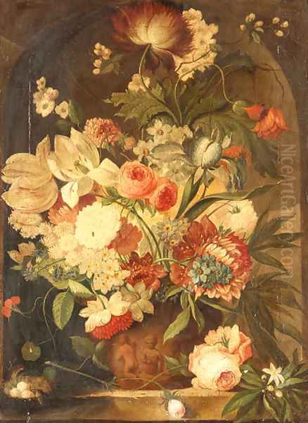 A flower still life with a bird's nest on a marble ledge Oil Painting by Dutch School