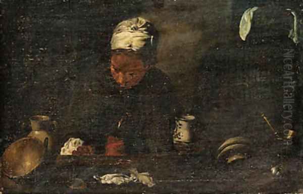 A girl holding a jug, behind a kitchen bench Oil Painting by Dutch School