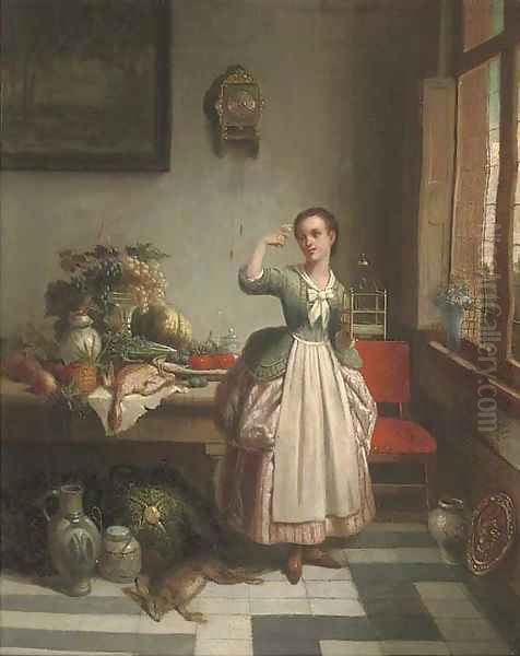 A girl in a pantry, holding a bird on her right hand Oil Painting by Dutch School