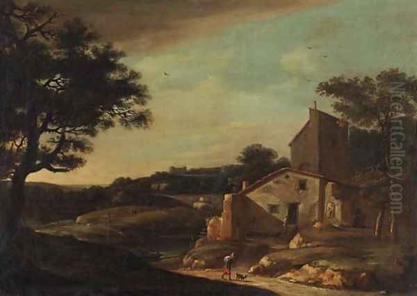 A landscape with a traveller on a path near a cottage Oil Painting by Dutch School