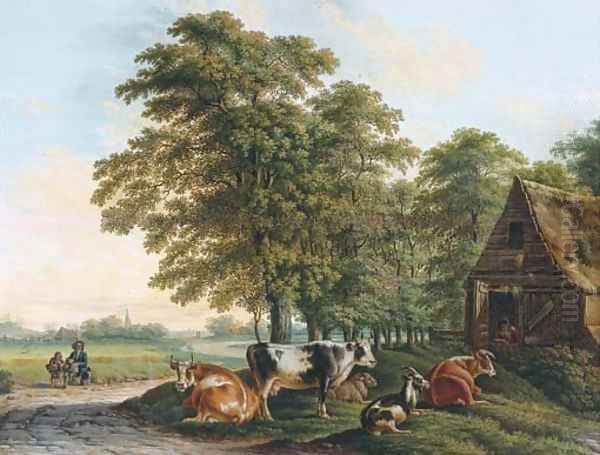 A landscape with cows in a farmyard and two travellers resting by the side of a road Oil Painting by Dutch School