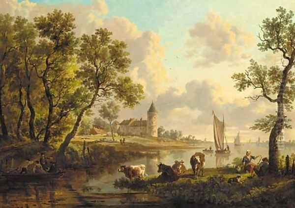 A river landscape with a herdsman and a herdswoman resting by their cattle, boats sailing and a castle beyond Oil Painting by Dutch School