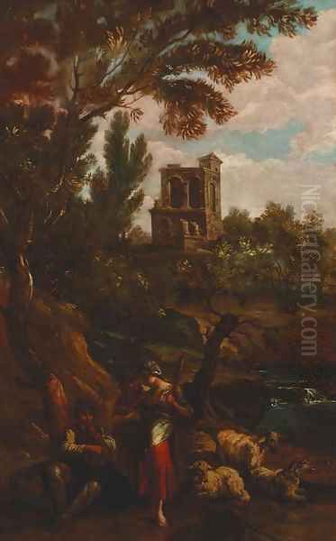 A shepherd playing bagpipes with a maiden in an extensive landscape, a ruin beyond Oil Painting by Dutch School