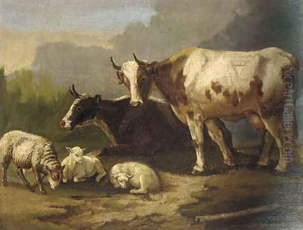 Cattle and sheep resting in a landscape Oil Painting by Dutch School