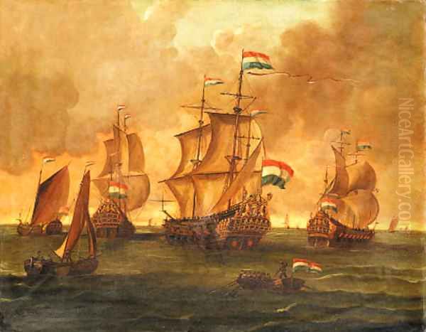 Dutch Men-of-War and other Ships in Calm Seas Oil Painting by Dutch School