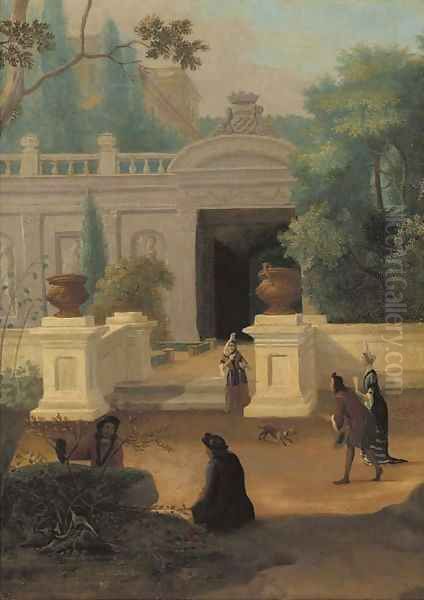 Elegant company promenading in a walled garden near a mansion Oil Painting by Dutch School