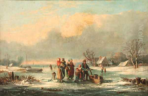 Figures in a frozen winter landscape Oil Painting by Dutch School