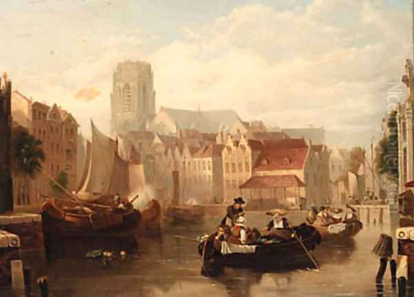 Figures in barges on a Dutch canal Oil Painting by Dutch School