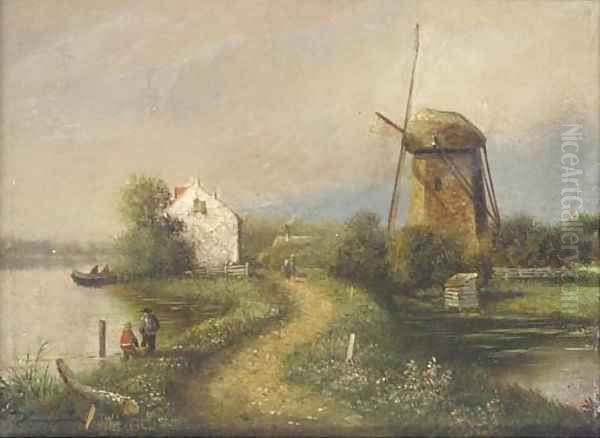 Figures on a track with figures and a windmill beyond Oil Painting by Dutch School