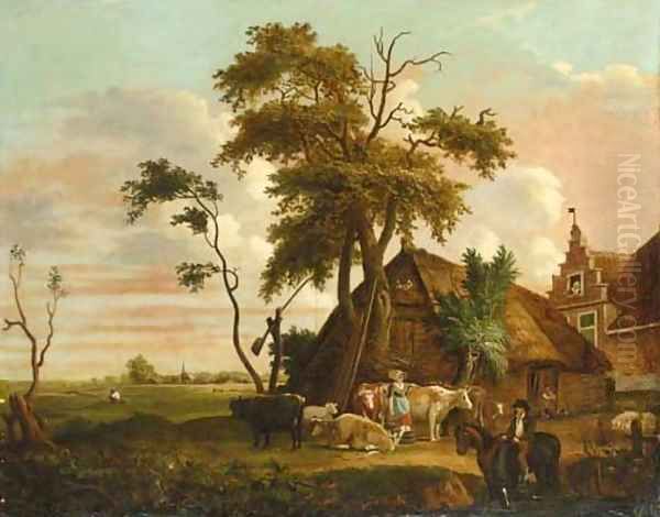 Figures with cattle before a farm Oil Painting by Dutch School