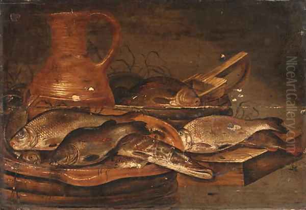 Fish and a Jug on a Barrel and a wooden Ledge Oil Painting by Dutch School