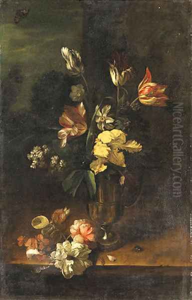 Flowers in a pewter Jug and on a stone Ledge Oil Painting by Dutch School