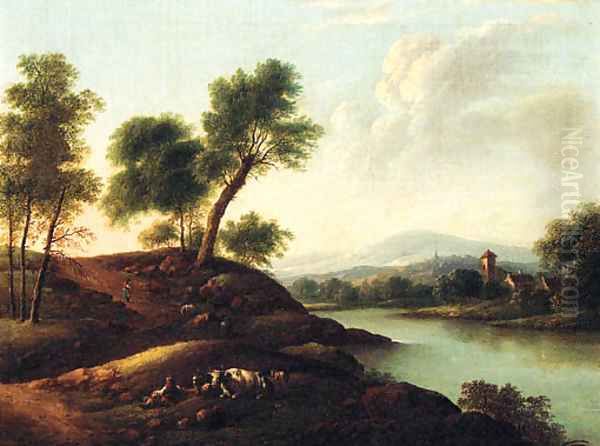 Herdsmen resting with their Herds in a mountainous River Landscape Oil Painting by Dutch School