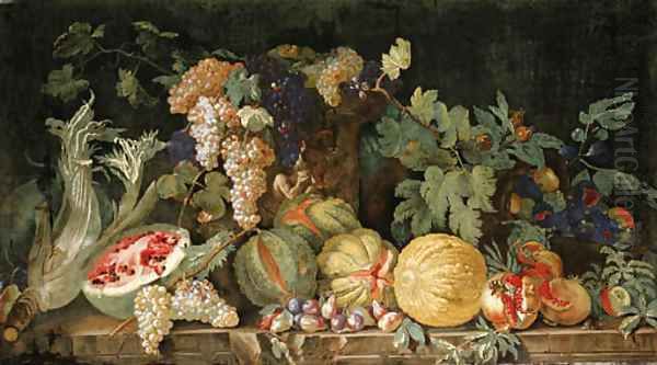 Melons, plums, pomegranates, figs, grapes, cardoon and other fruit by a sculpted urn on a stone ledge Oil Painting by Dutch School