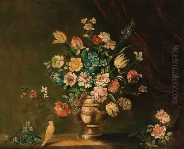 Parrot tulips, carnations and other flowers in a pewter urn with a dove, on a stone ledge Oil Painting by Dutch School