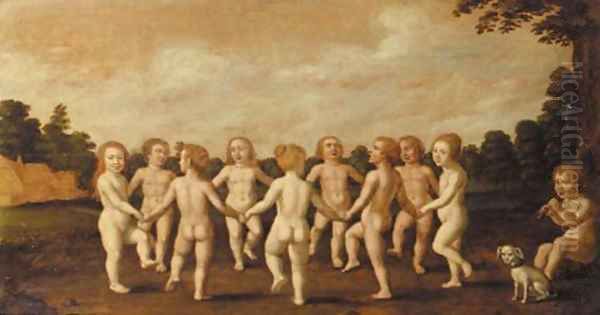 Putti dancing to the music of a shepherd boy in a wooded landscape Oil Painting by Dutch School