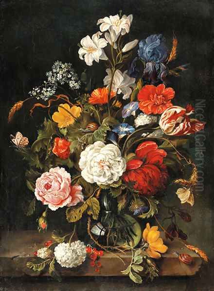 Roses, lilies, a parrot tulip, an iris and other flowers in a glass vase Oil Painting by Dutch School