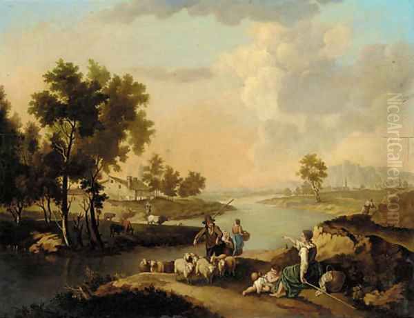 Shepherds with their flock by a river, a farmstead beyond Oil Painting by Dutch School