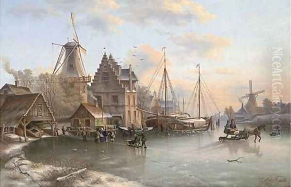 Skaters at a Dutch quay Oil Painting by Dutch School