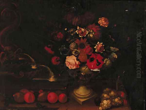 Still life of mixed flowers in an urn on a ledge with grapes and apples by a fountain Oil Painting by Dutch School