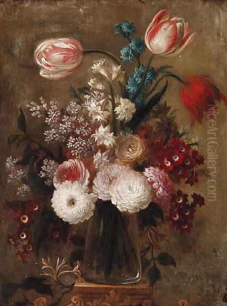 Tulips, carnations, narcissi and other flowers in a glass vase on a pedestal Oil Painting by Dutch School