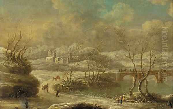 A busy track by a bridge in a winter landscape Oil Painting by Dutch School