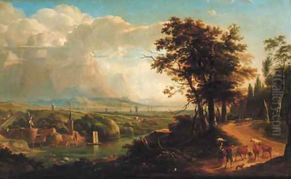 A drover with cattle on wooded track in a capriccio landscape Oil Painting by Dutch School