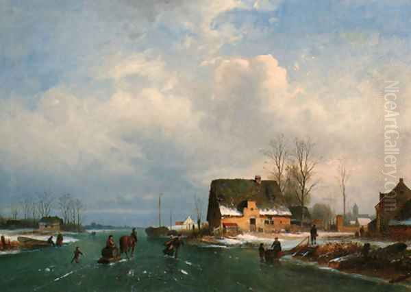 A Dutch winter landscape with figures skating Oil Painting by Dutch School