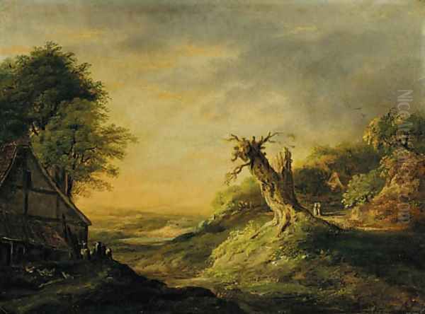 A figure setting off from a cottage carrying two pails Oil Painting by Dutch School