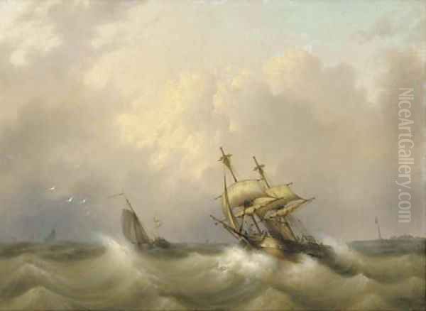 A two-master on choppy water Oil Painting by Dutch School